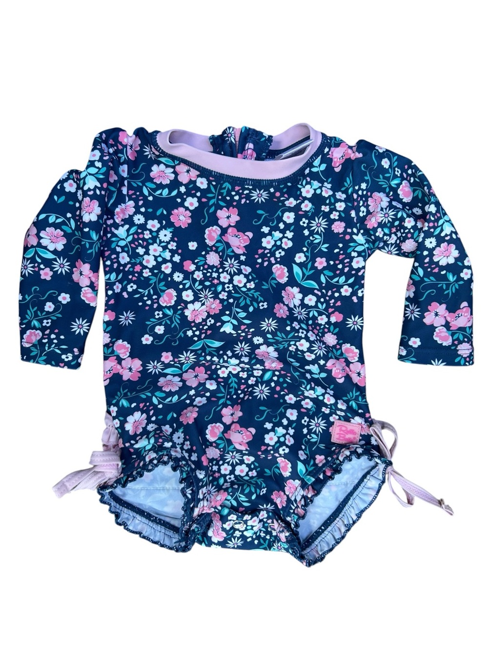 RuffleButts Baby Girls Long Sleeve Swim Rash Guard Navy Pink Floral 3-6 Mos